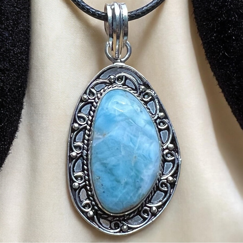 New Larimar Stone Silver Overlay Pendant Necklace w Cord